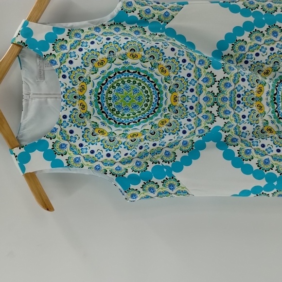 London Times Cecilia shift dress turquoise yellow tile print size 10 sleeveless - Picture 2 of 7
